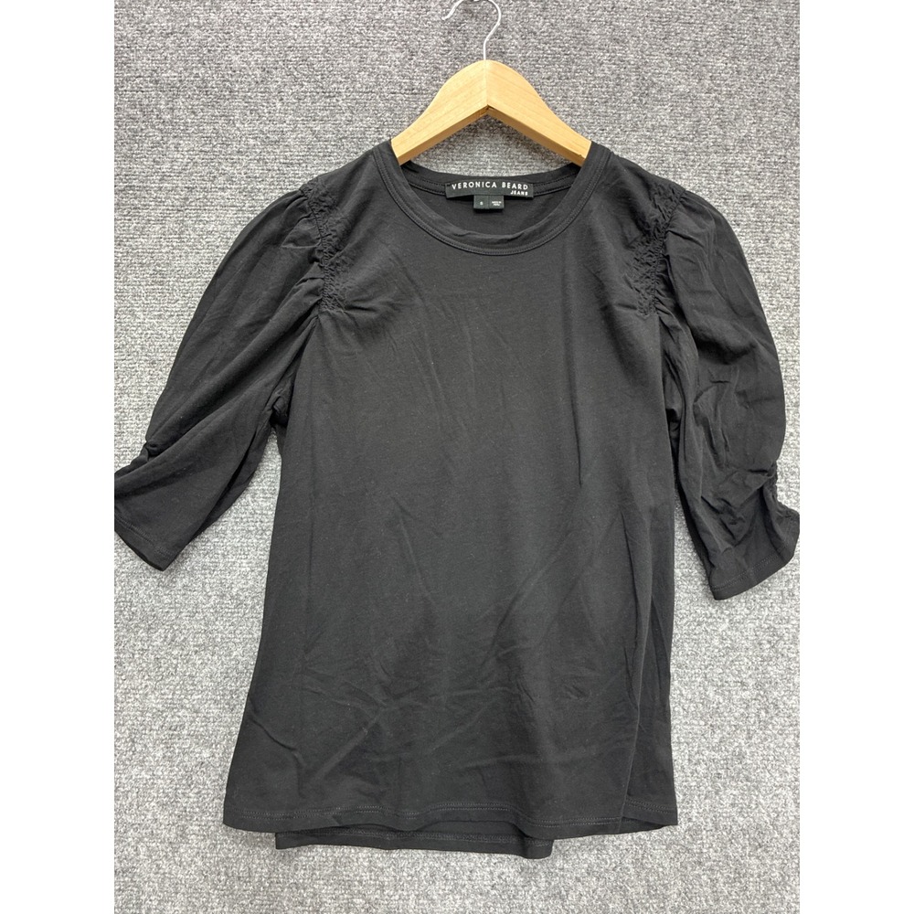 Veronica Beard Jeans Black Pima Cotton Puff Sleeve Smocked Top  S